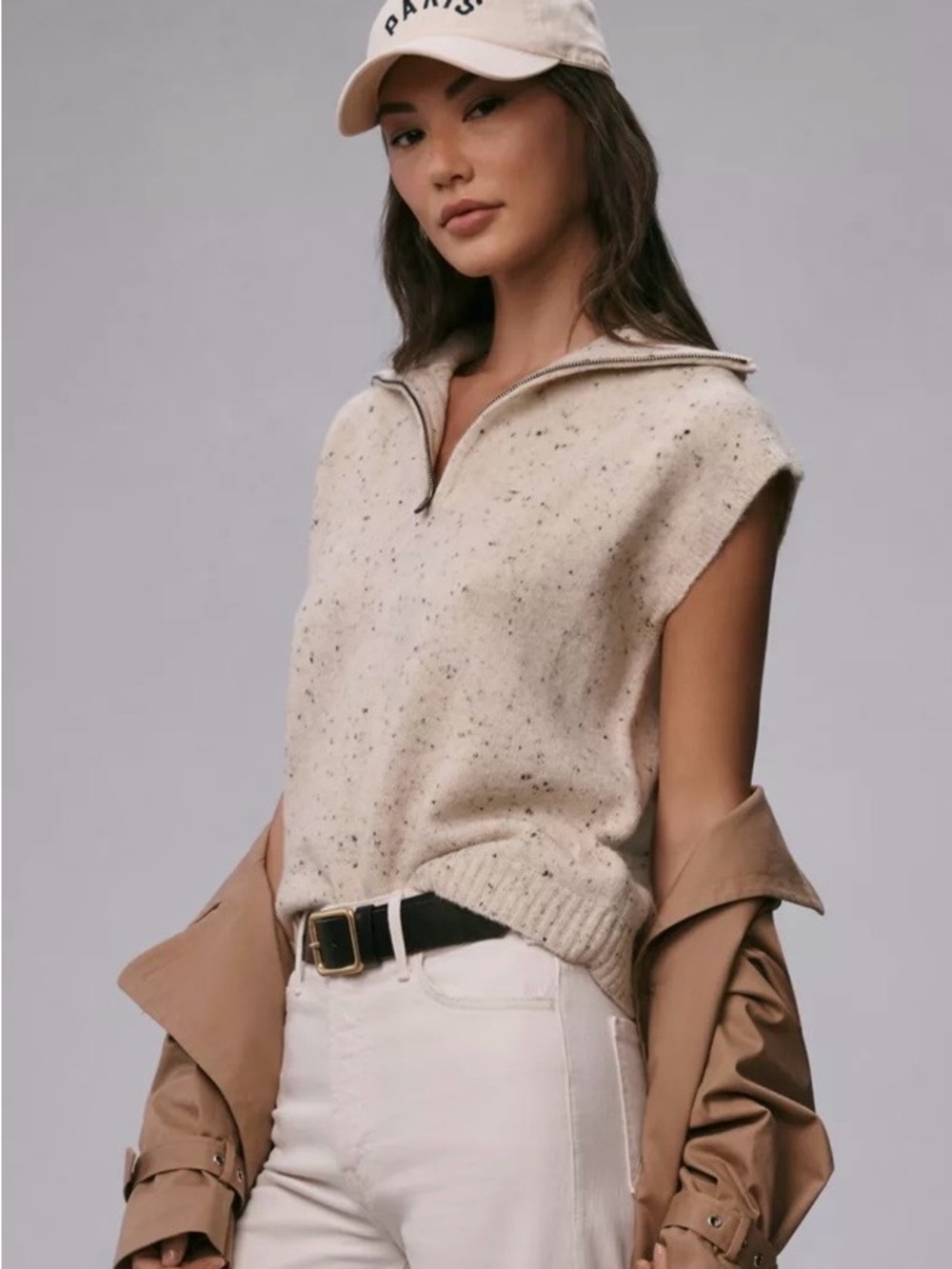 John + Jenn Cream Speckled Sleeveless Zip-Neck Sweater Vest Size S